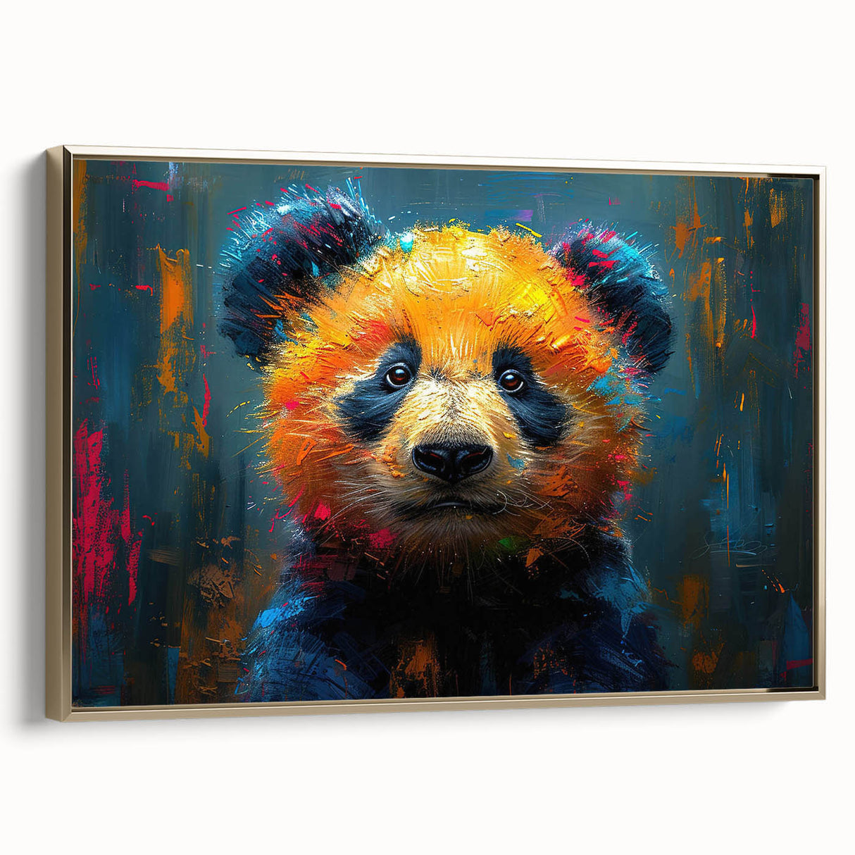 Framed wall art featuring a whimsical panda bear design, set against a gold background, showcasing a modern aesthetic perfect for children's rooms or playful spaces.