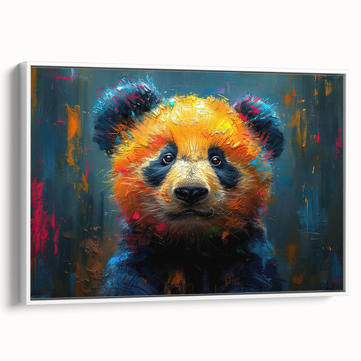 Framed wall art featuring a whimsical panda bear design on a white canvas, showcasing vibrant colors and playful details, perfect for children's room decor.