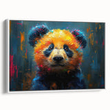 Framed wall art featuring a whimsical panda bear design on a white canvas, showcasing vibrant colors and playful details, perfect for children's room decor.