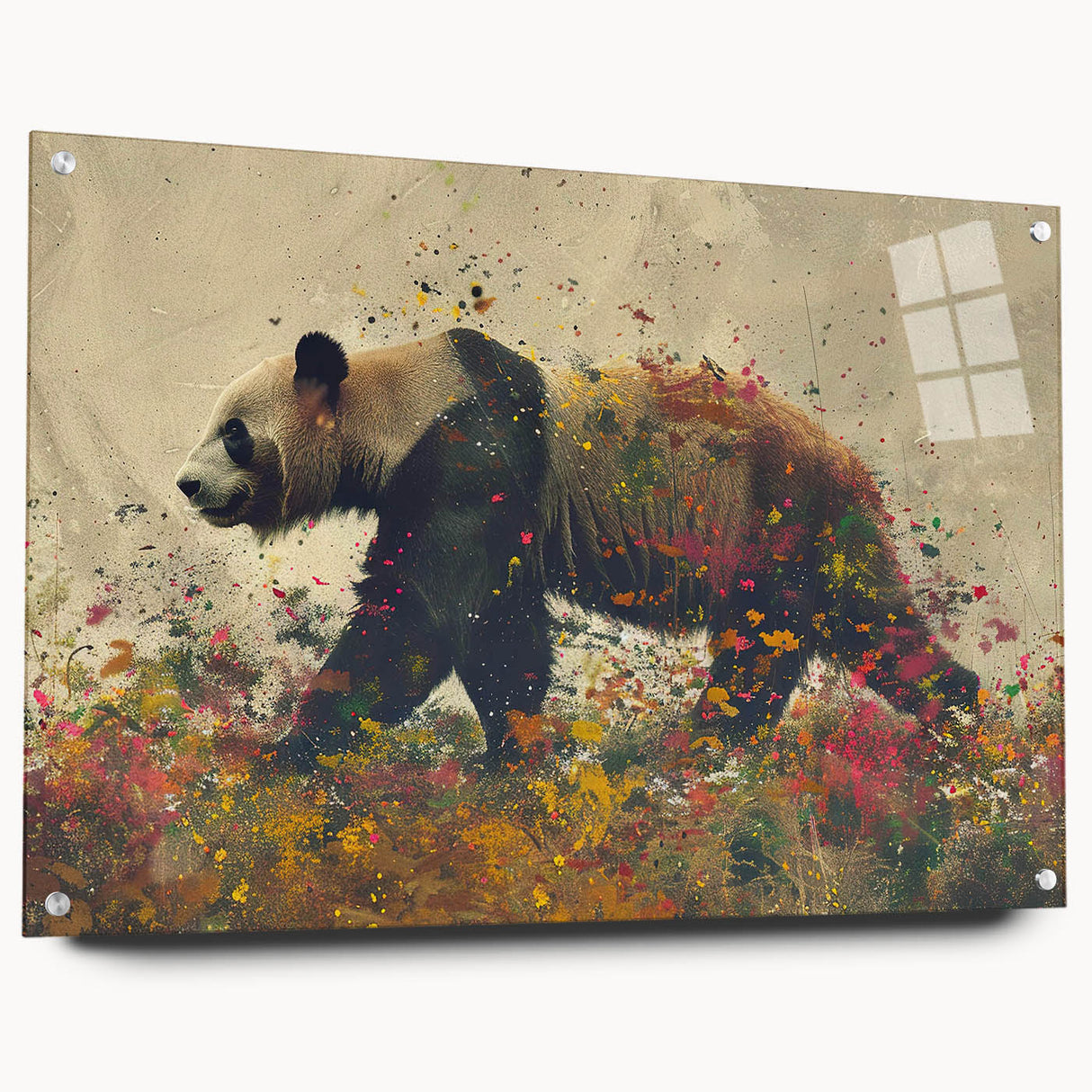 Acrylic glass wall art showcasing a playful panda bear design, displayed from a side view with decorative pins, perfect for children's room decor and animal-themed interiors.