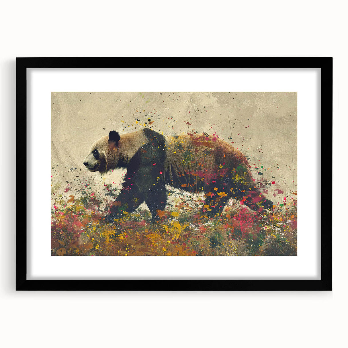 Panda bear wall art design in a sleek black frame with a mat, showcasing whimsical and colorful illustrations perfect for children's room decor.