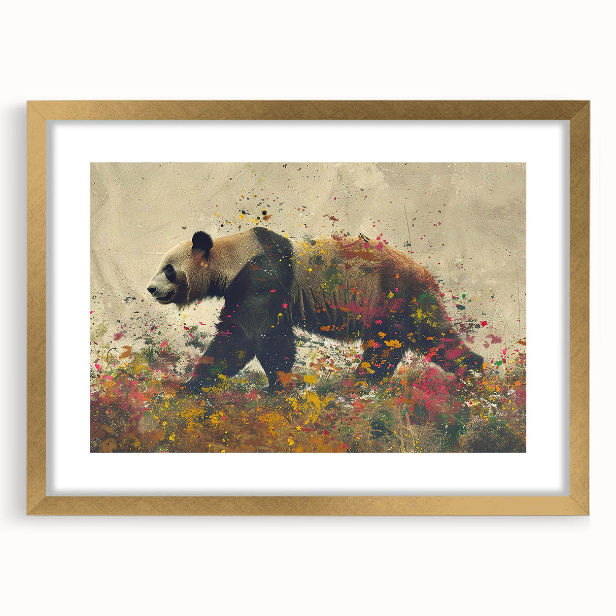 Framed wall art featuring a whimsical panda bear design, set in a gold frame with a mat, perfect for children's room decor or playful interior aesthetics.