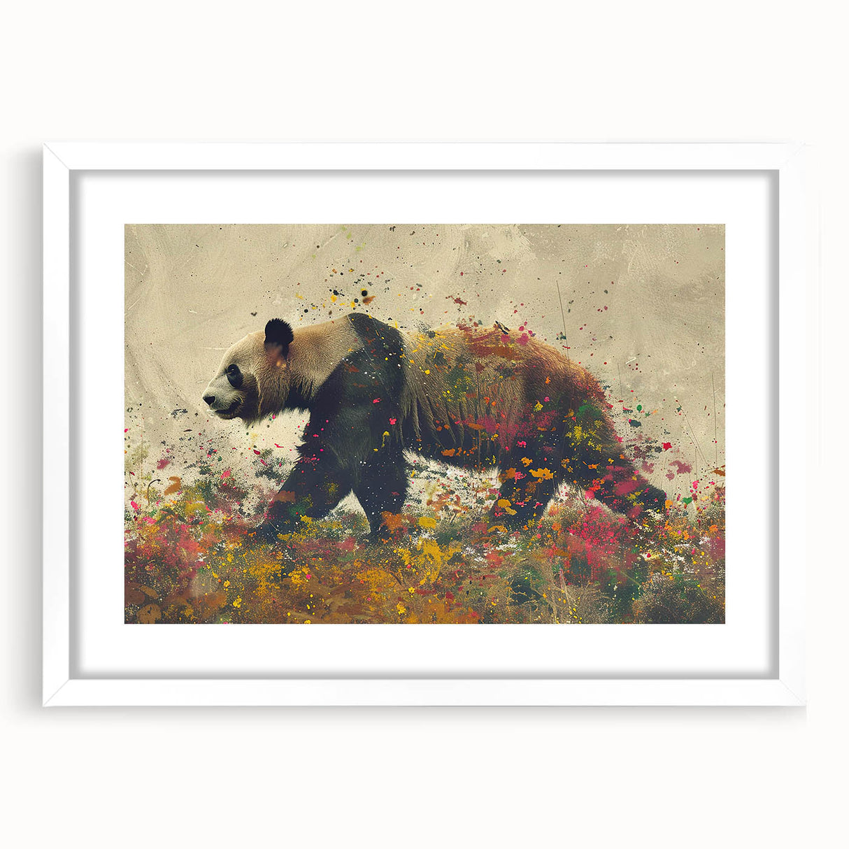 Framed panda bear wall art design with a white mat, showcasing a playful panda illustration, perfect for children's rooms or nursery decor.