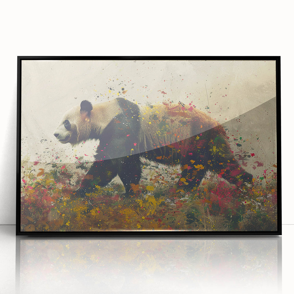Framed acrylic wall art featuring a playful panda bear design, set against a sleek black frame, perfect for children's room decor or animal-themed interiors.