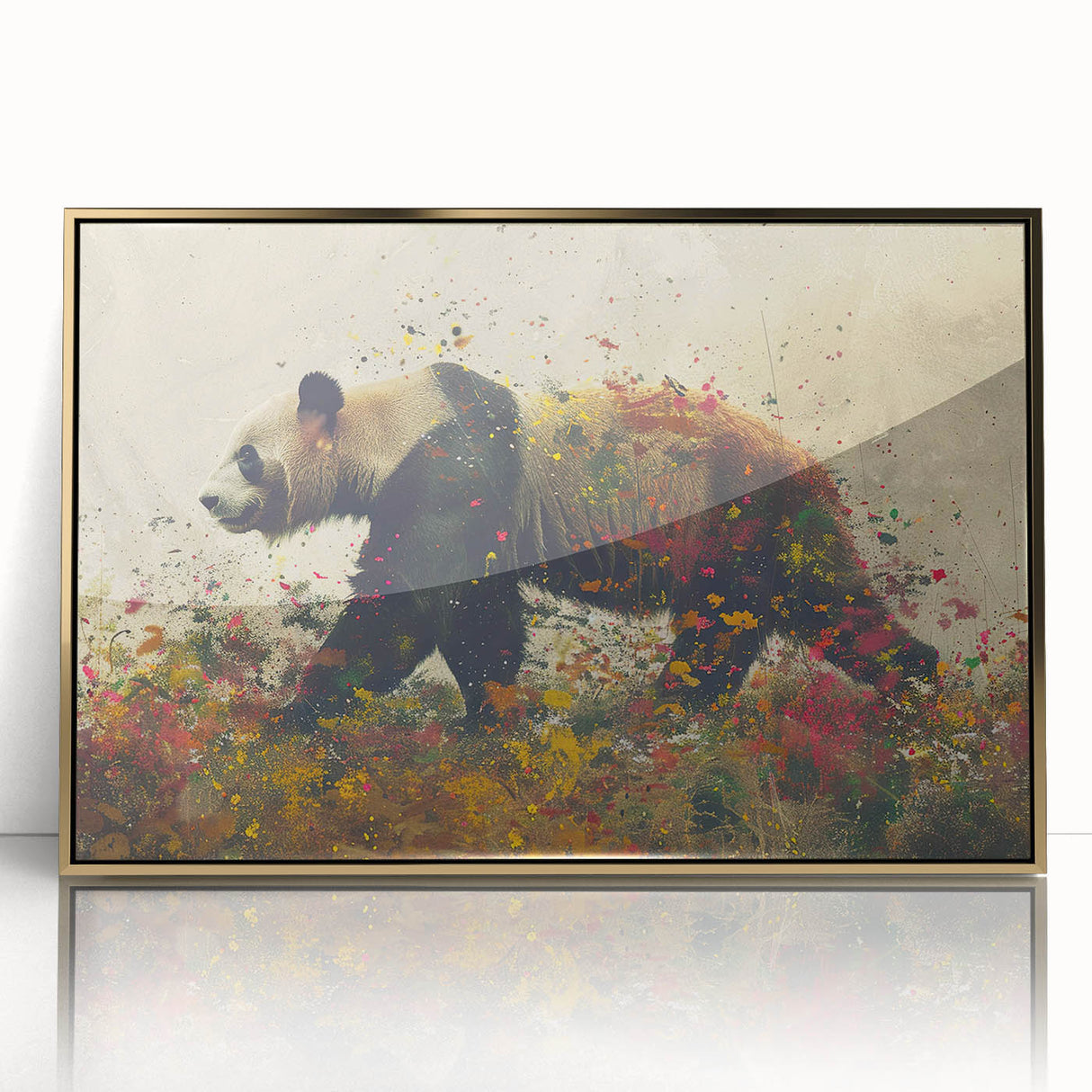 Framed wall art featuring a whimsical panda bear design with a sleek gold acrylic front, perfect for modern home decor. Ideal for children's rooms or playful interiors.