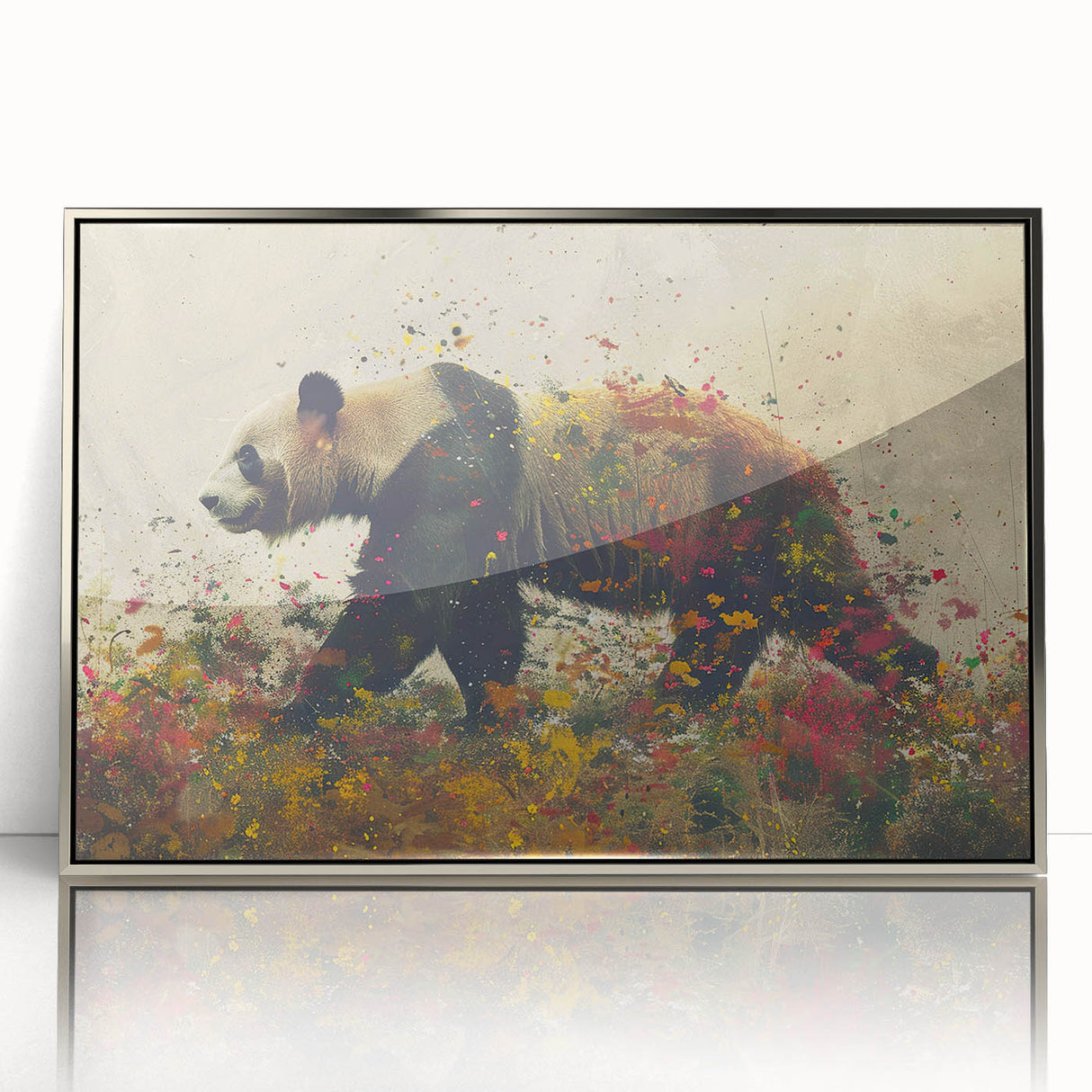 Framed wall art featuring a playful panda bear design in a silver-acrylic frame, ideal for children's rooms or wildlife-themed decor, showcasing vibrant colors and intricate details. Perfect for adding a whimsical touch to modern interiors.