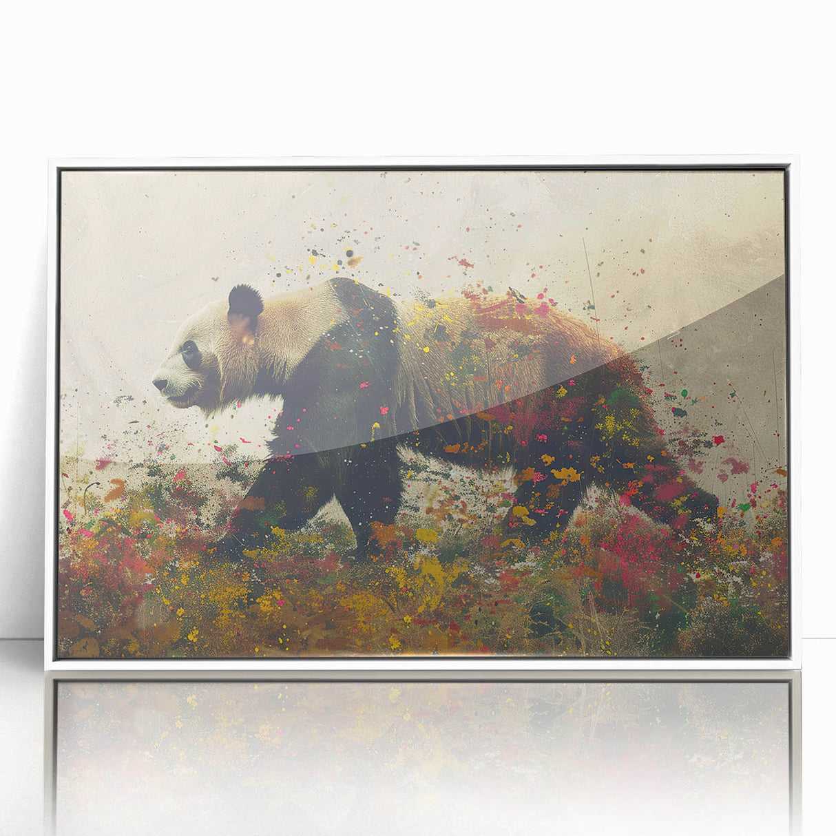 Framed acrylic wall art featuring a playful panda bear design, showcasing vibrant colors and a modern aesthetic, perfect for children's rooms or playful spaces.