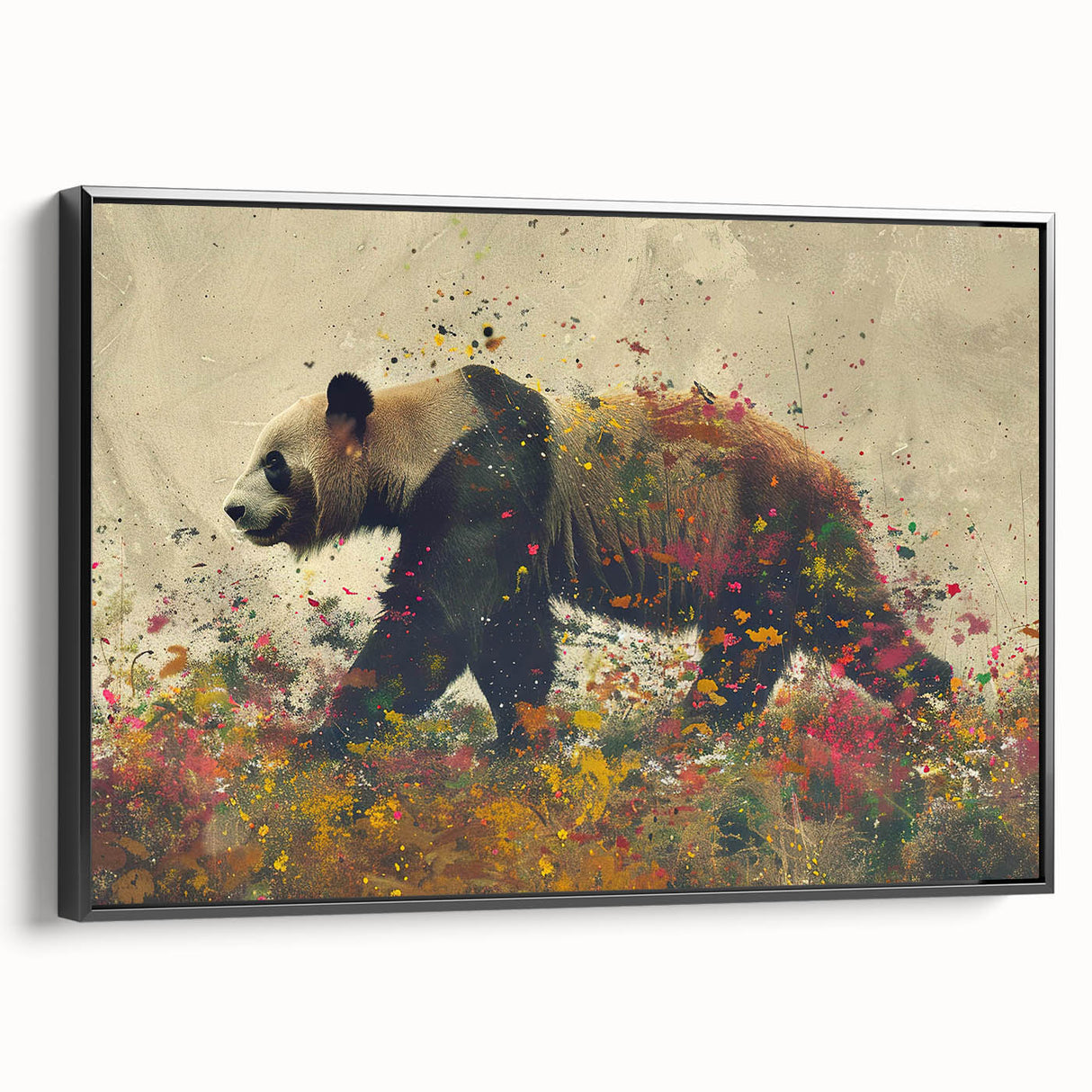 Framed canvas wall art showcasing a playful panda bear design, presented in a sleek black frame, ideal for children's decor or wildlife enthusiasts. The vibrant colors and whimsical style enhance any space, making it a charming addition to nurseries or playrooms.