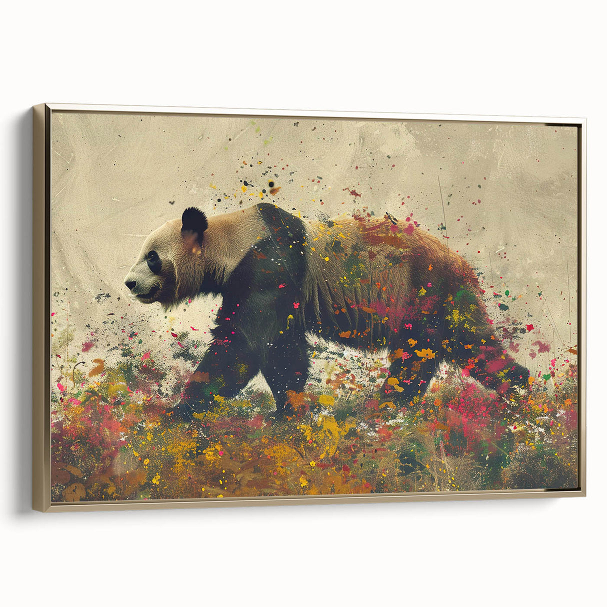 Framed wall art featuring a playful panda design on a gold background, showcasing intricate details and vibrant colors, perfect for children's decor.