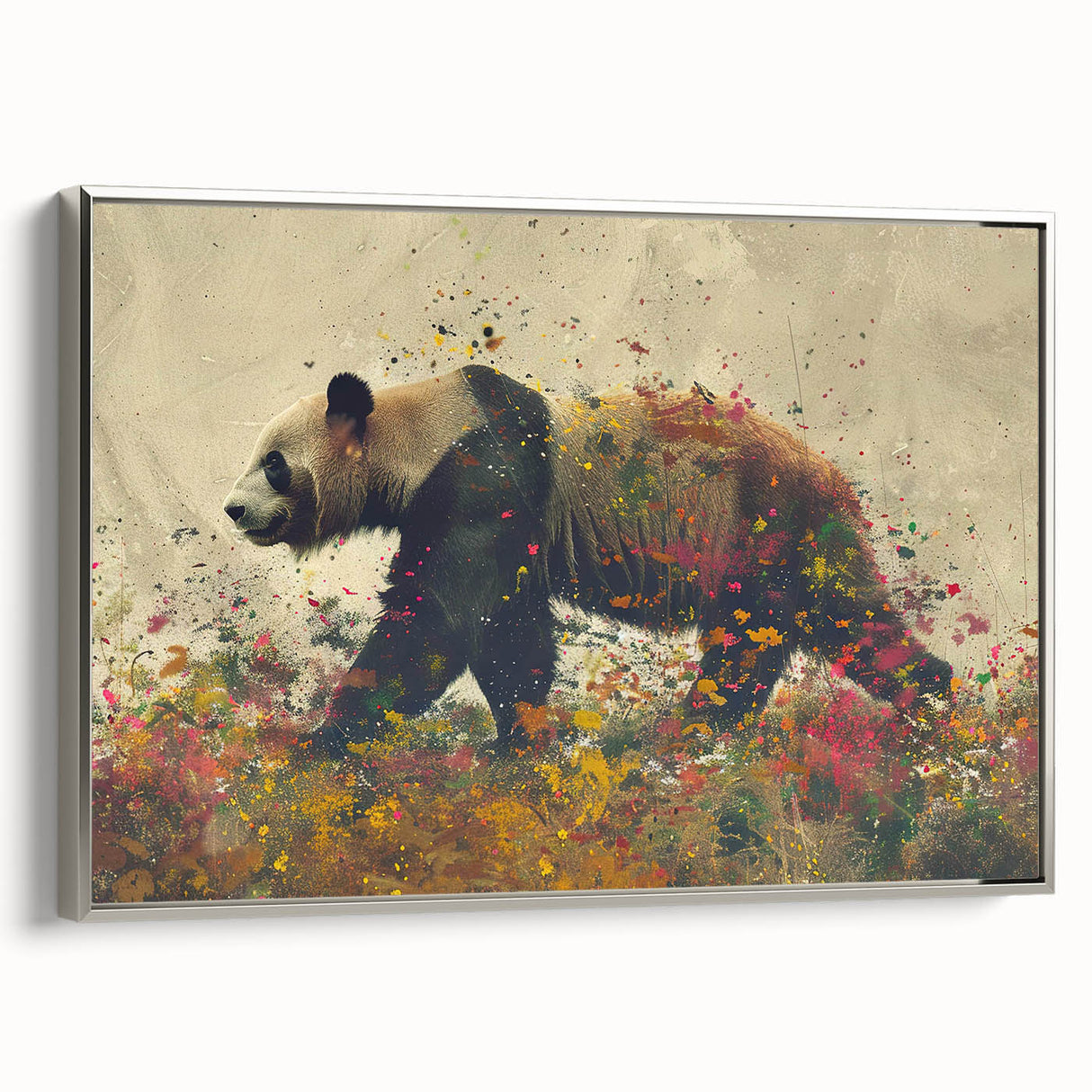 Framed canvas wall art showcasing a playful panda bear design in vibrant colors, presented in a sleek silver frame, ideal for modern decor. Perfect for children's rooms or animal-themed spaces.