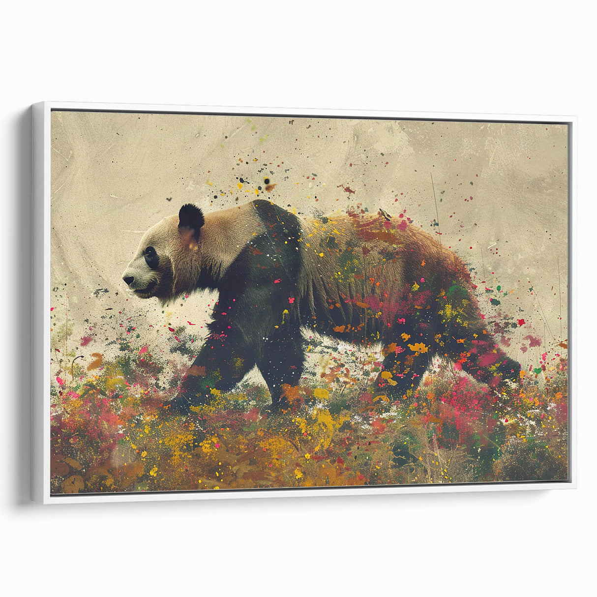 Framed wall art featuring a whimsical panda bear design on a white canvas, showcasing vibrant colors and playful details, ideal for children's rooms or nurseries.