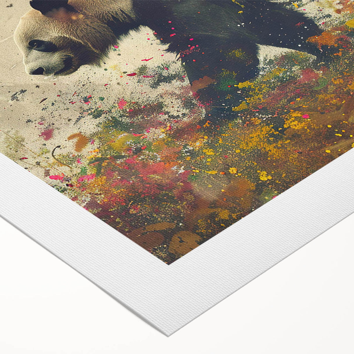 Panda bear wall art design on rolled canvas, showcasing vibrant colors and playful imagery, perfect for children's room decor or animal lovers' collections.