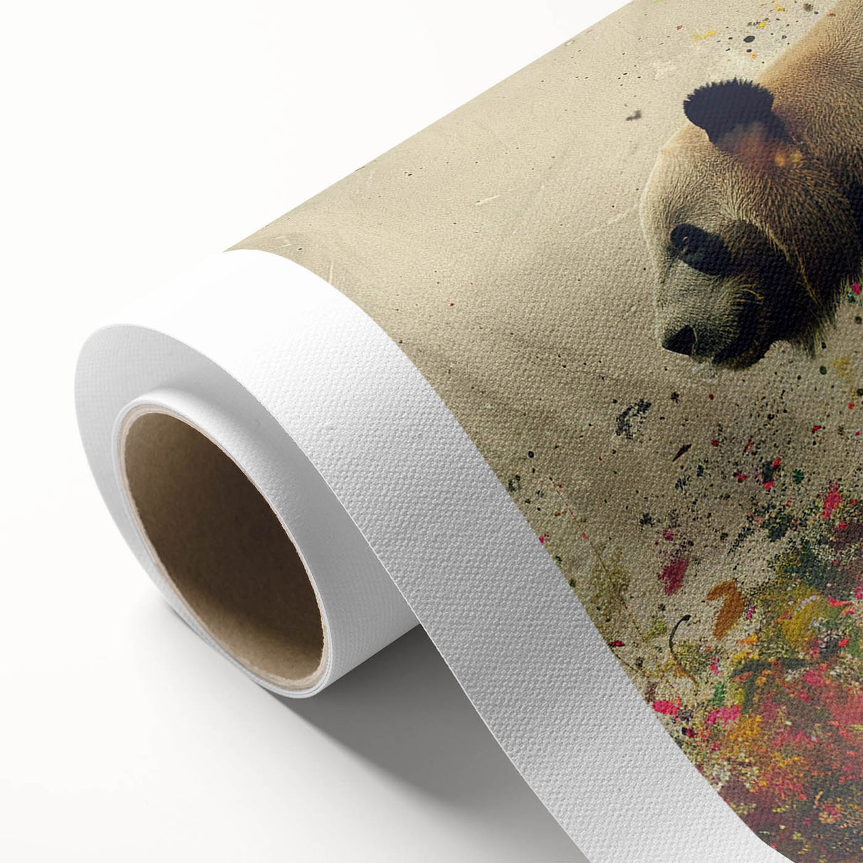 Rolled canvas print showcasing a playful panda bear design with vibrant colors, ideal for children's rooms or nursery decor, packaged securely in a cardboard tube.