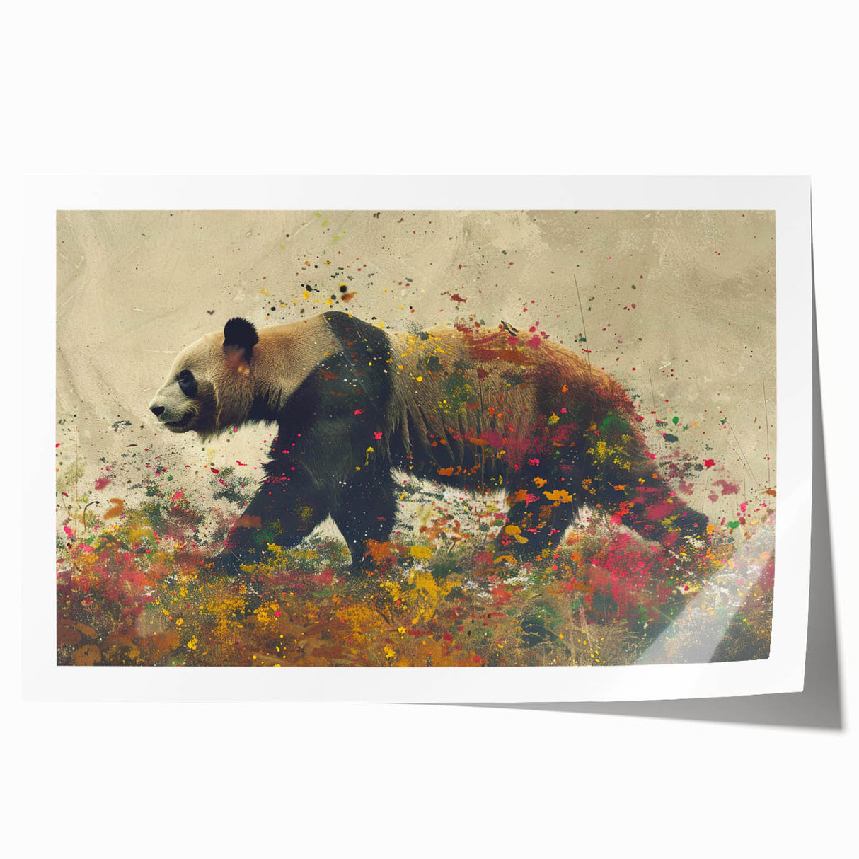 Panda bear wall art print featuring a minimalist design, showcasing a playful panda against a colorful abstract background. Perfect for children's room decor.