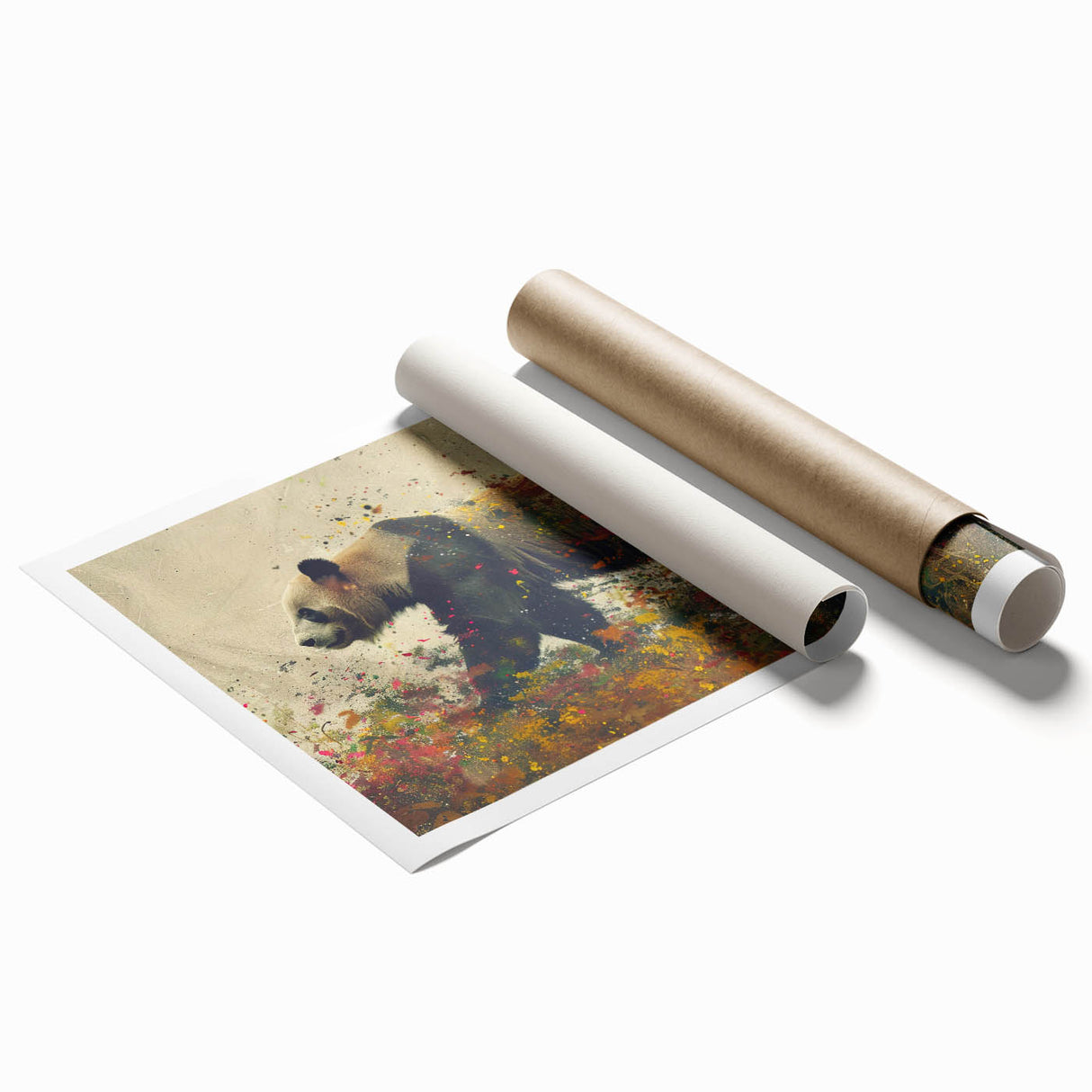 Rolled print showcasing a whimsical panda bear design in vibrant colors, perfect for children's room decor; securely packaged in a protective cardboard tube.