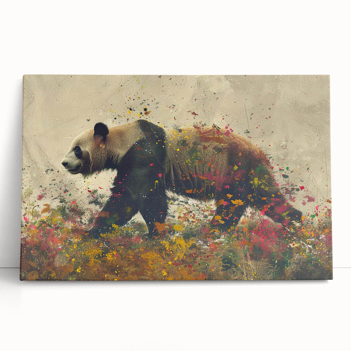 Panda-themed wall art design on stretched canvas, featuring vibrant colors and playful elements, perfect for children's rooms or nursery decor.
