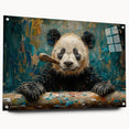 Acrylic glass wall art featuring a playful panda bear design, showcasing vibrant colors and intricate details, mounted with pins for easy display. Perfect for children's rooms or animal-themed decor.