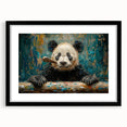 Framed wall art featuring a playful panda bear design in a black frame with a white mat, ideal for children's decor or animal-themed rooms. The colorful artwork brings a whimsical touch to any space.