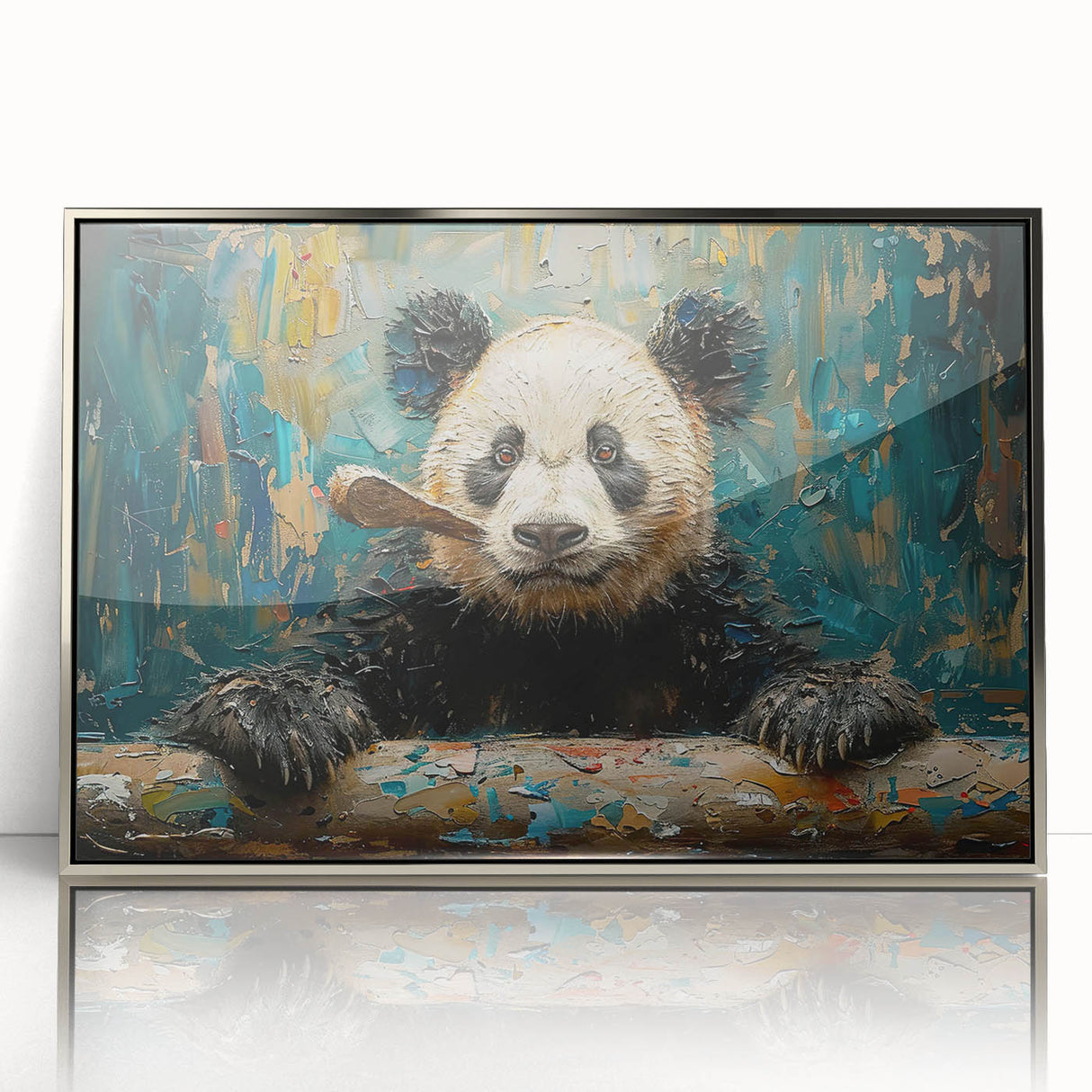Framed acrylic wall art featuring a playful panda bear design, showcasing vibrant colors and a sleek silver frame, perfect for children's rooms or playful decor.