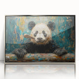 Framed acrylic wall art featuring a playful panda bear design, showcasing vibrant colors and a sleek silver frame, perfect for children's rooms or playful decor.