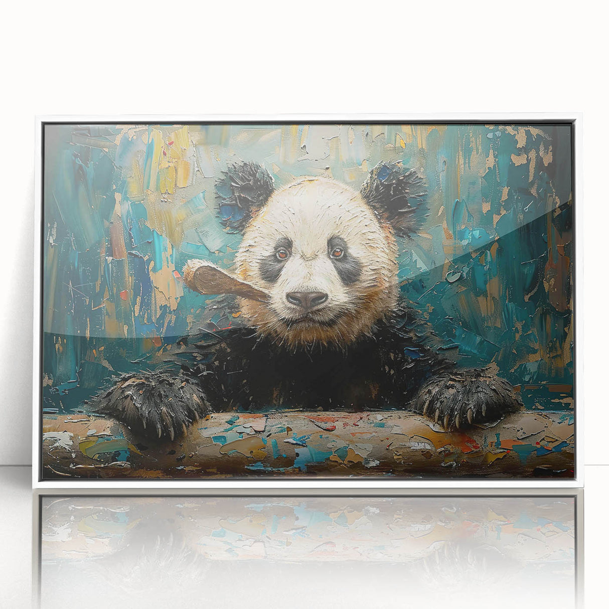 Framed acrylic wall art featuring a playful panda bear design, showcasing vibrant colors and a sleek white frame, perfect for children's room decor.