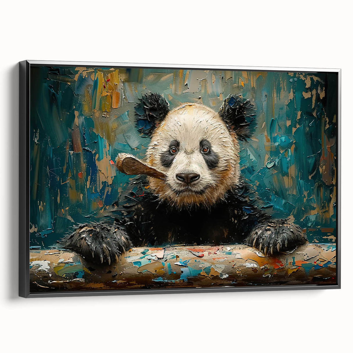 Framed wall art showcasing a bear and panda design on a black background, displaying vibrant colors and intricate details, ideal for children's rooms or playful decor.