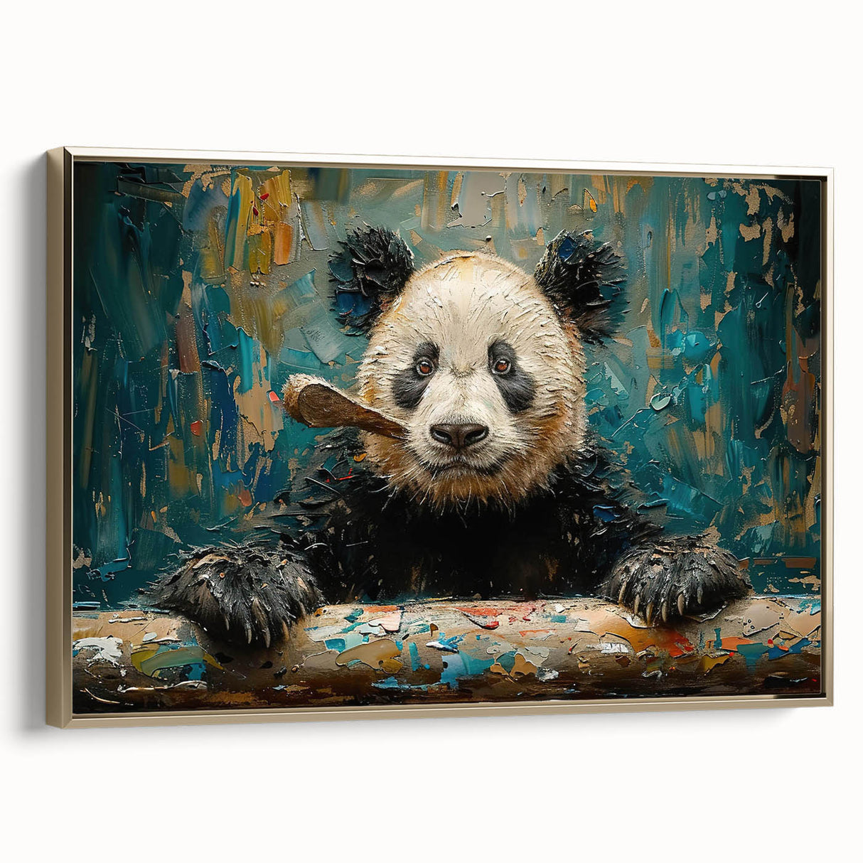 Framed wall art featuring a whimsical panda bear design on a textured canvas, elegantly showcased with a gold frame, perfect for children's rooms or playful decor.