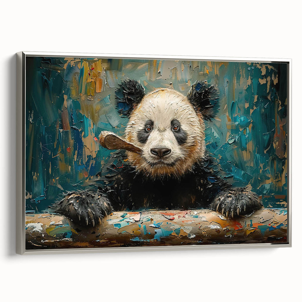 Framed wall art featuring a charming panda bear design on a silver background, showcasing a playful and whimsical aesthetic ideal for children's rooms or nature-themed decor.