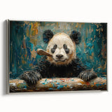Framed wall art featuring a charming panda bear design on a silver background, showcasing a playful and whimsical aesthetic ideal for children's rooms or nature-themed decor.