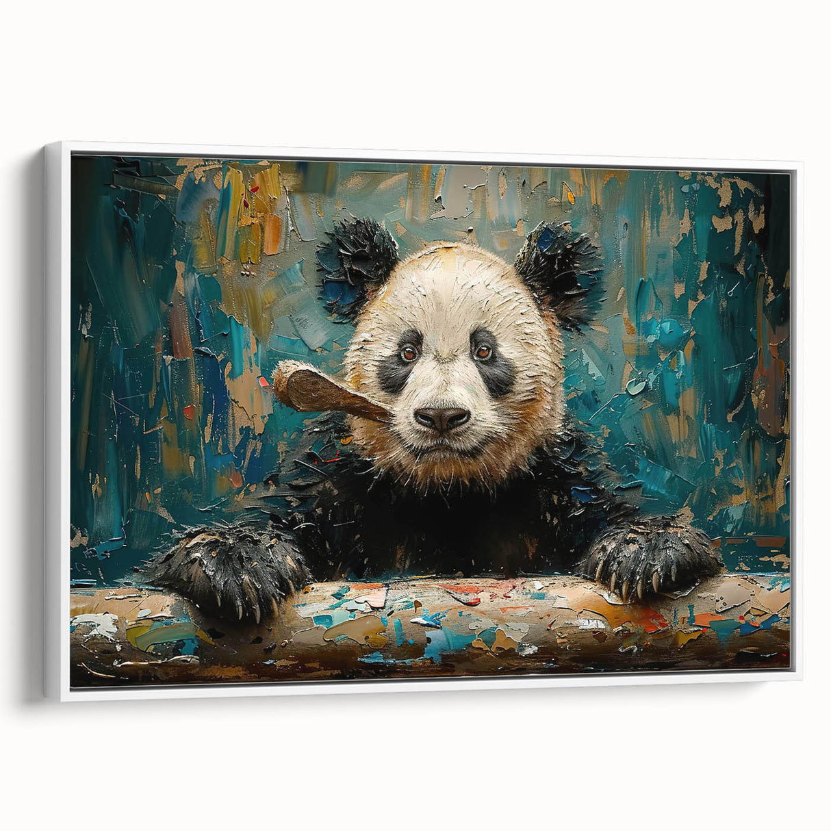 Framed wall art featuring a whimsical panda bear design on a white canvas, showcasing playful colors and a modern aesthetic, perfect for children's rooms or nurseries.
