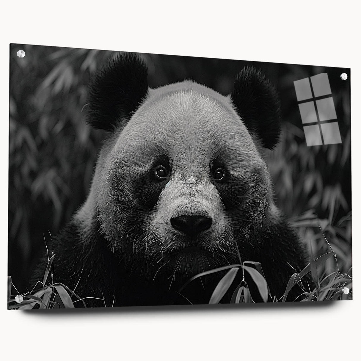Acrylic glass wall art showcasing a whimsical panda bear design, highlighting vibrant colors and playful details, displayed with decorative pins for an engaging look.