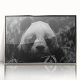 Framed acrylic wall art featuring a playful panda bear design with silver accents, ideal for children's rooms or playful decor, showcasing vibrant colors and detailed artwork.