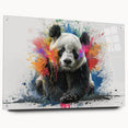 Acrylic glass wall art featuring a whimsical panda bear design, side view showcasing colorful pins for easy hanging, perfect for children's room decor.