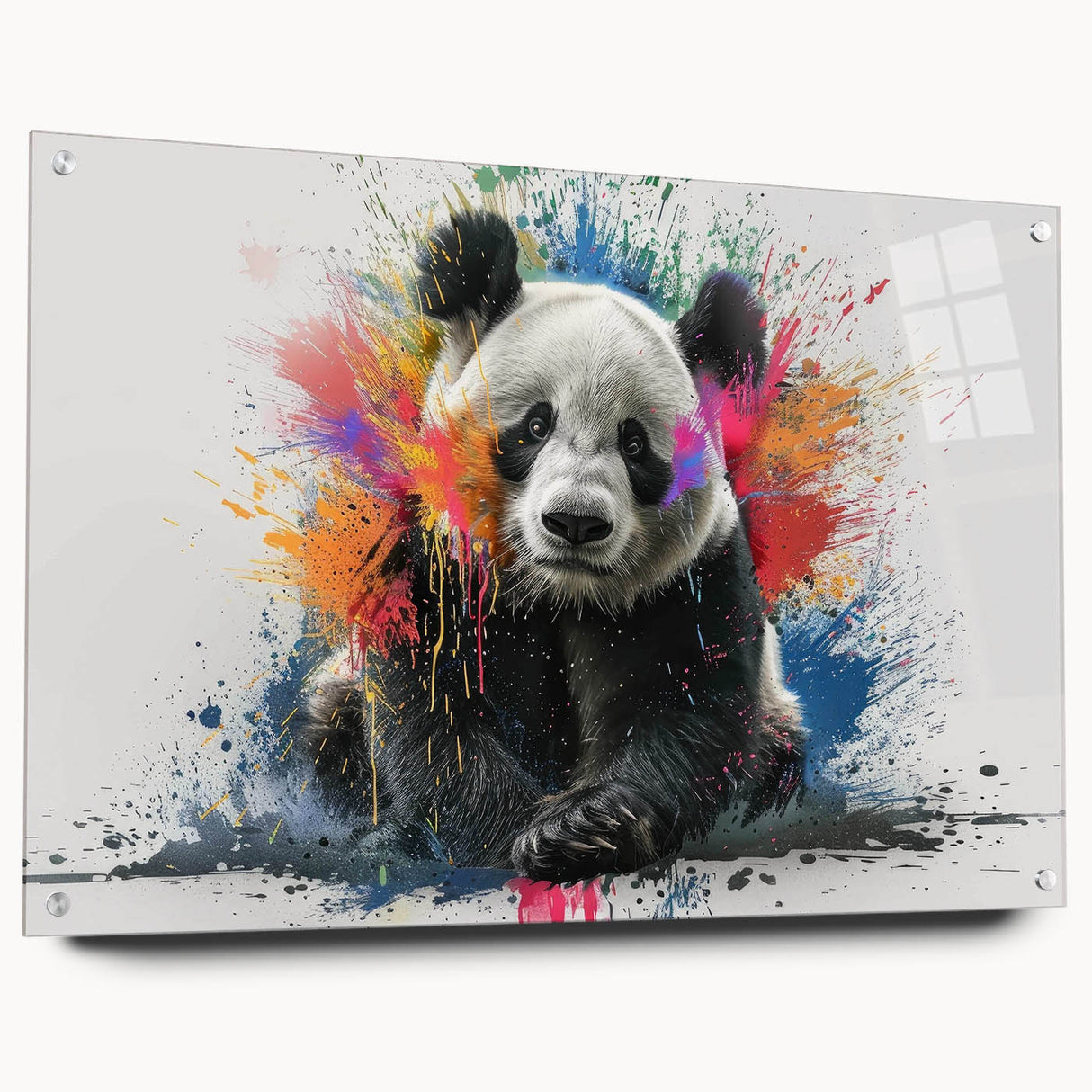 Acrylic glass wall art featuring a whimsical panda bear design, side view showcasing colorful pins for easy hanging, perfect for children's room decor.