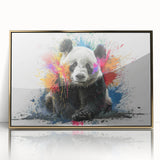 Framed acrylic wall art featuring a playful panda bear design in vibrant colors, set against a sleek gold frame, perfect for children's rooms or playful decor.