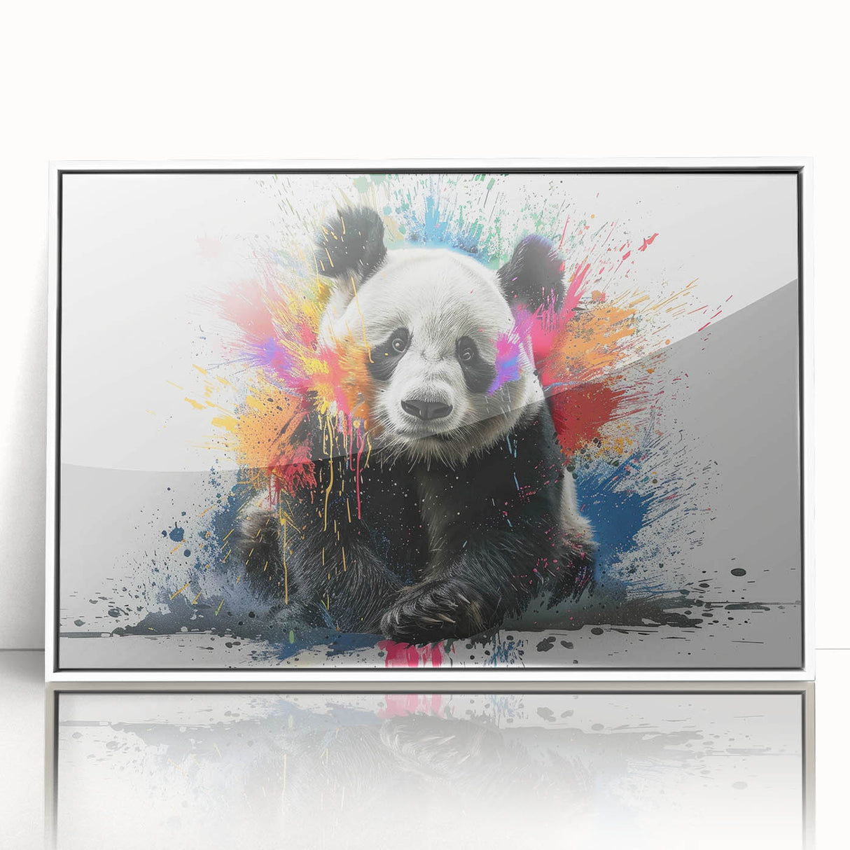 Framed acrylic wall art featuring a playful panda bear design, presented in a sleek white frame, ideal for children's rooms or playful decor.