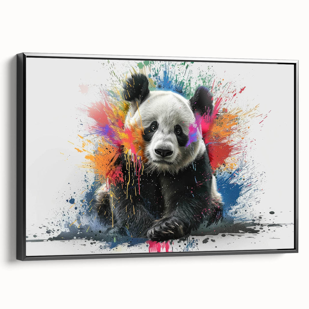 Framed canvas wall art showcasing a unique panda bear design, presented in a sleek black frame, ideal for children's rooms or playful decor accents.