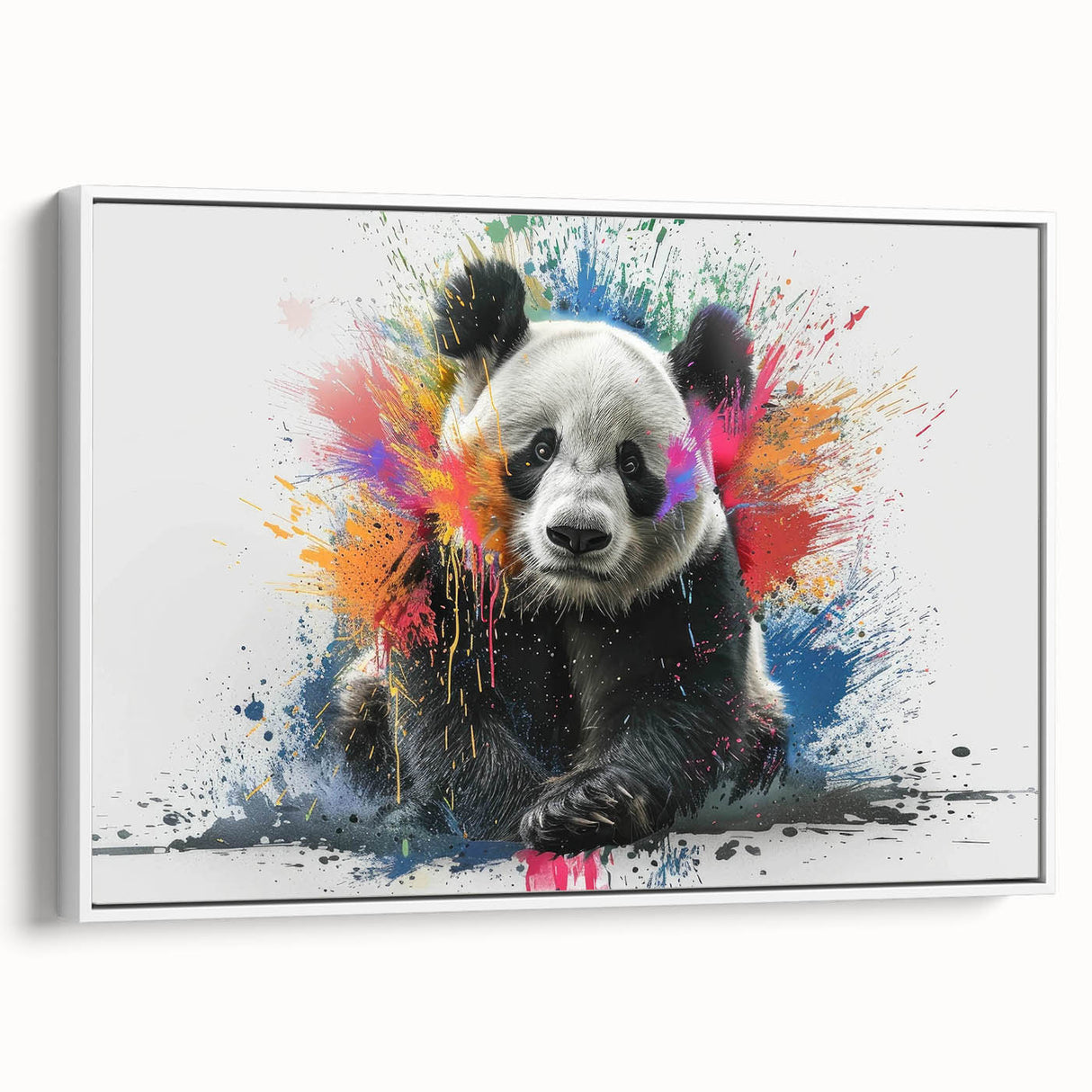 Framed wall art featuring a playful panda bear design on a white canvas, showcasing vibrant colors and intricate details, ideal for children's room decor.