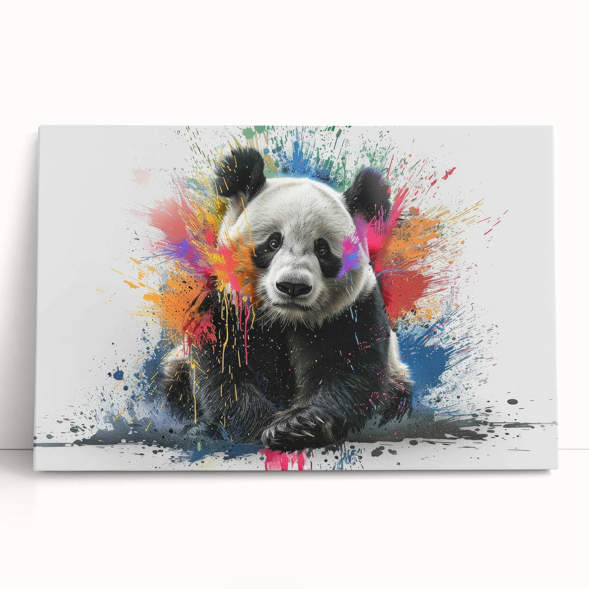 Panda bear wall art design on stretched canvas, vibrant colors, featuring a playful panda against a soft pastel background, ideal for children's room decor.