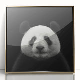 Framed wall art showcasing a vibrant panda bear design with gold accents, set against a sleek acrylic background, perfect for modern decor.