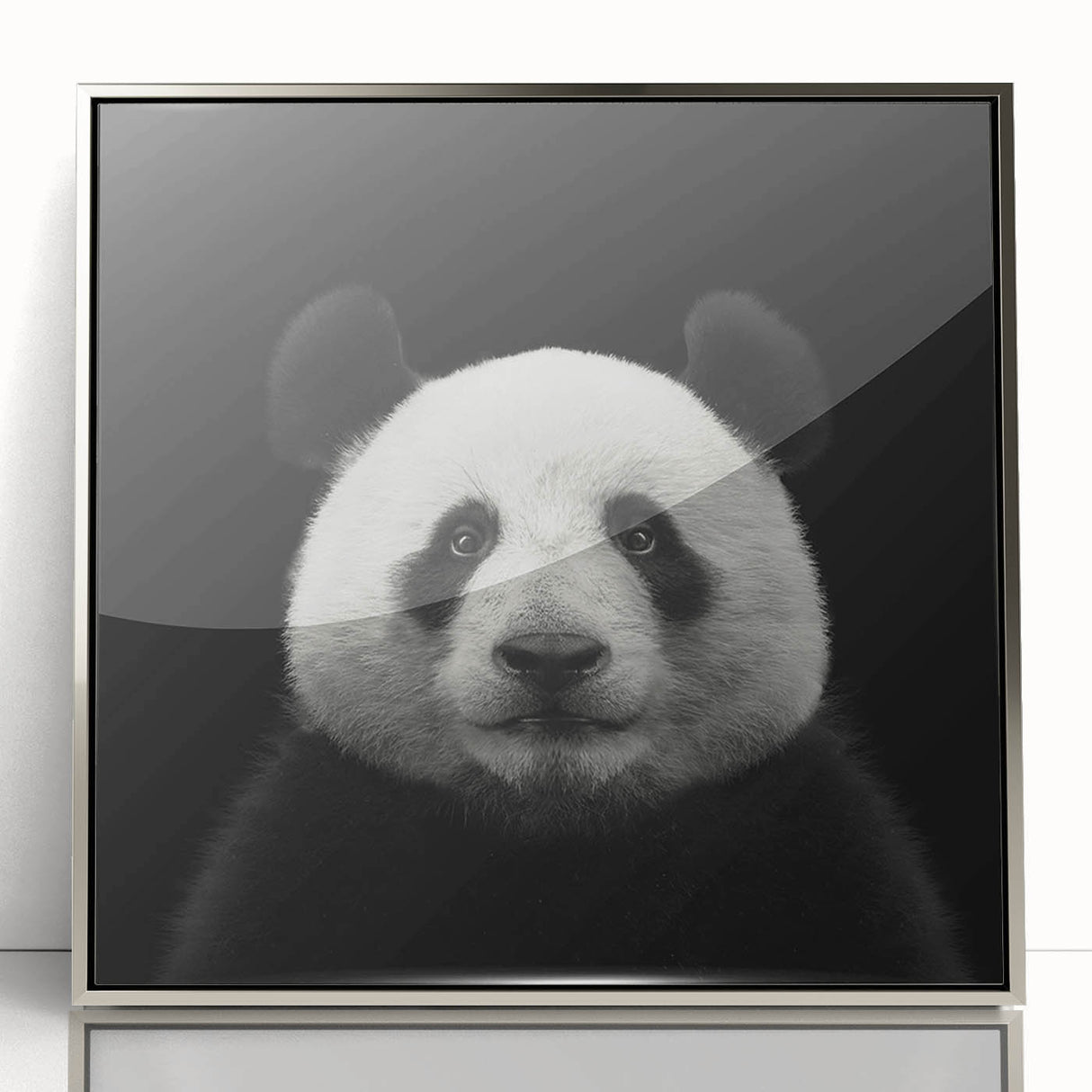 Framed wall art featuring a playful panda bear design in a silver-accented frame, showcasing vibrant colors and a modern aesthetic, perfect for children’s decor.