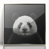 Framed wall art featuring a playful panda bear design in a silver-accented frame, showcasing vibrant colors and a modern aesthetic, perfect for children’s decor.