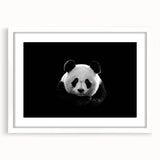 Framed wall art featuring a playful panda bear design, presented in a sleek white frame with a mat, perfect for children's rooms or playful decor.