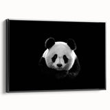 Framed canvas wall art featuring a black and white panda bear design, showcasing intricate details and a sleek side view, perfect for modern home decor.