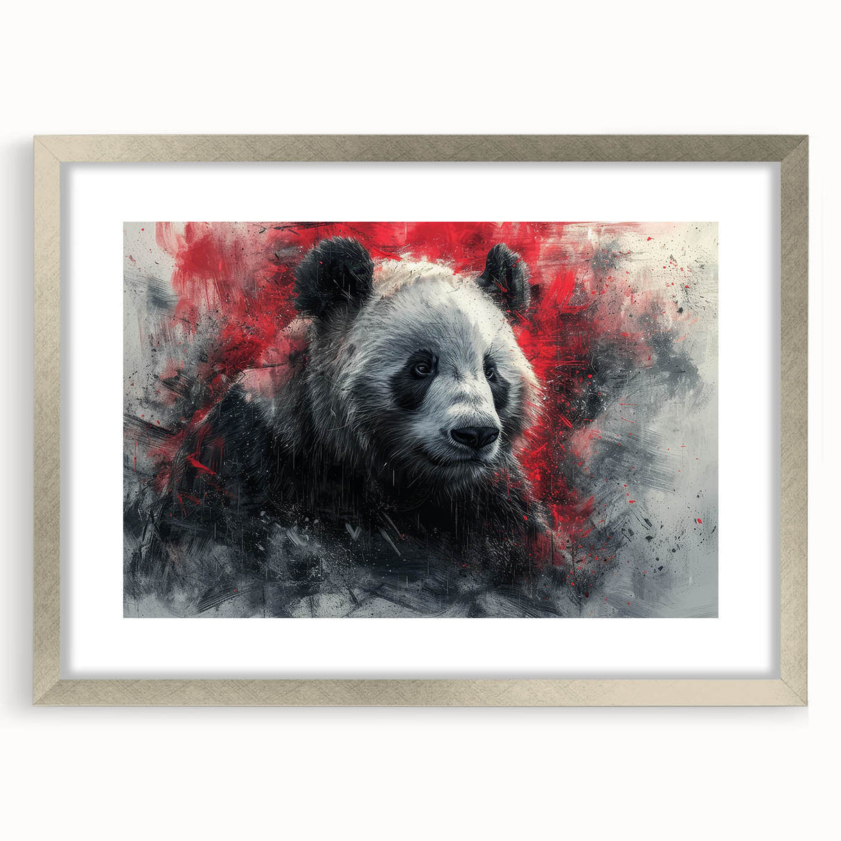 Silver-framed wall art featuring a playful panda bear design, showcased with a white mat, ideal for children's rooms or playful decor, enhancing any space with charm.
