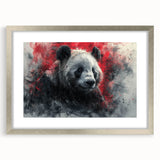 Silver-framed wall art featuring a playful panda bear design, showcased with a white mat, ideal for children's rooms or playful decor, enhancing any space with charm.