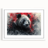 Panda bear-themed wall art framed in white, showcasing a playful design perfect for children's rooms or nursery decor. Mat adds depth, enhancing the artwork's appeal.