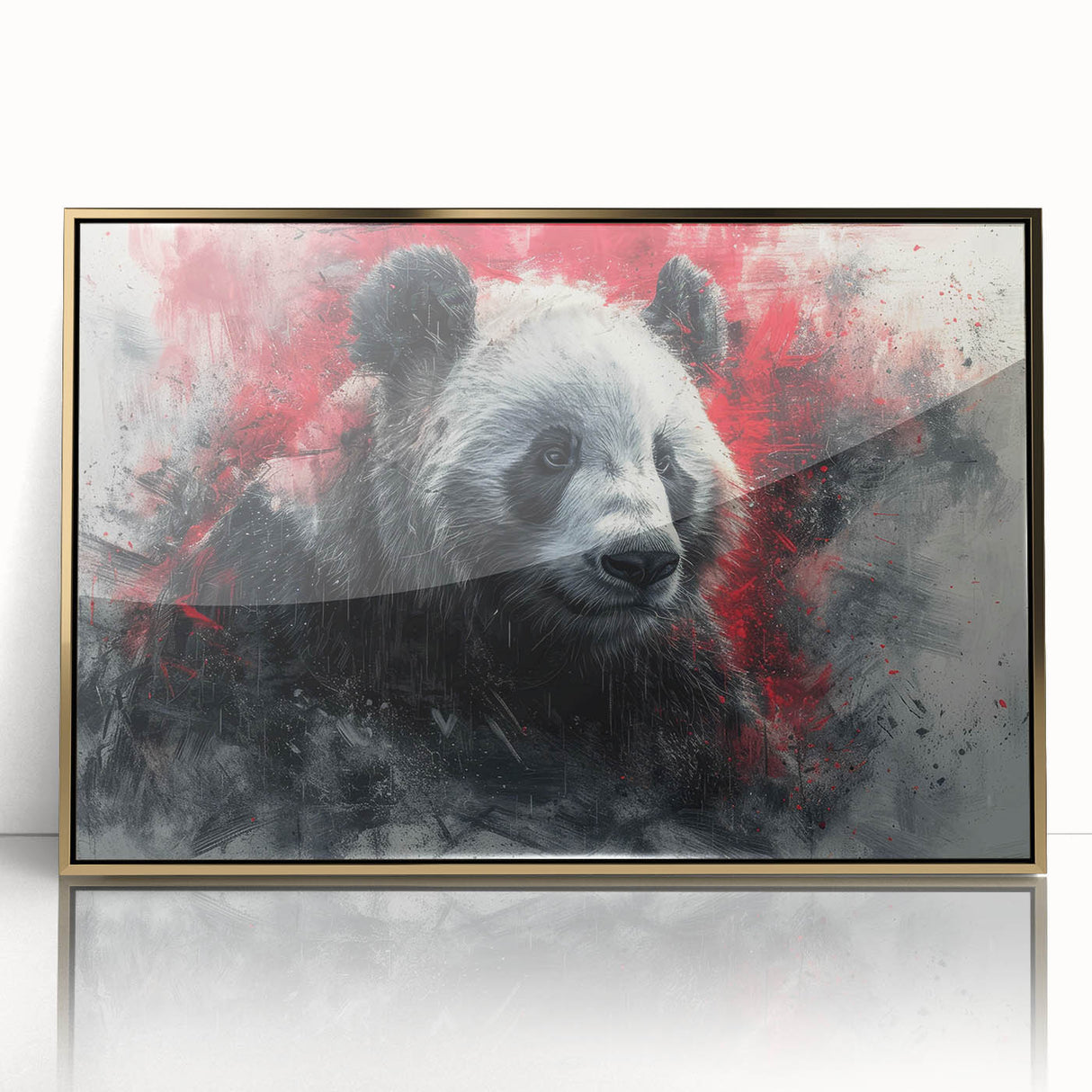 Framed wall art showcasing a panda bear design with a gold-acrylic finish, perfect for adding a playful touch to modern home decor. Ideal for children’s rooms or animal-themed spaces.