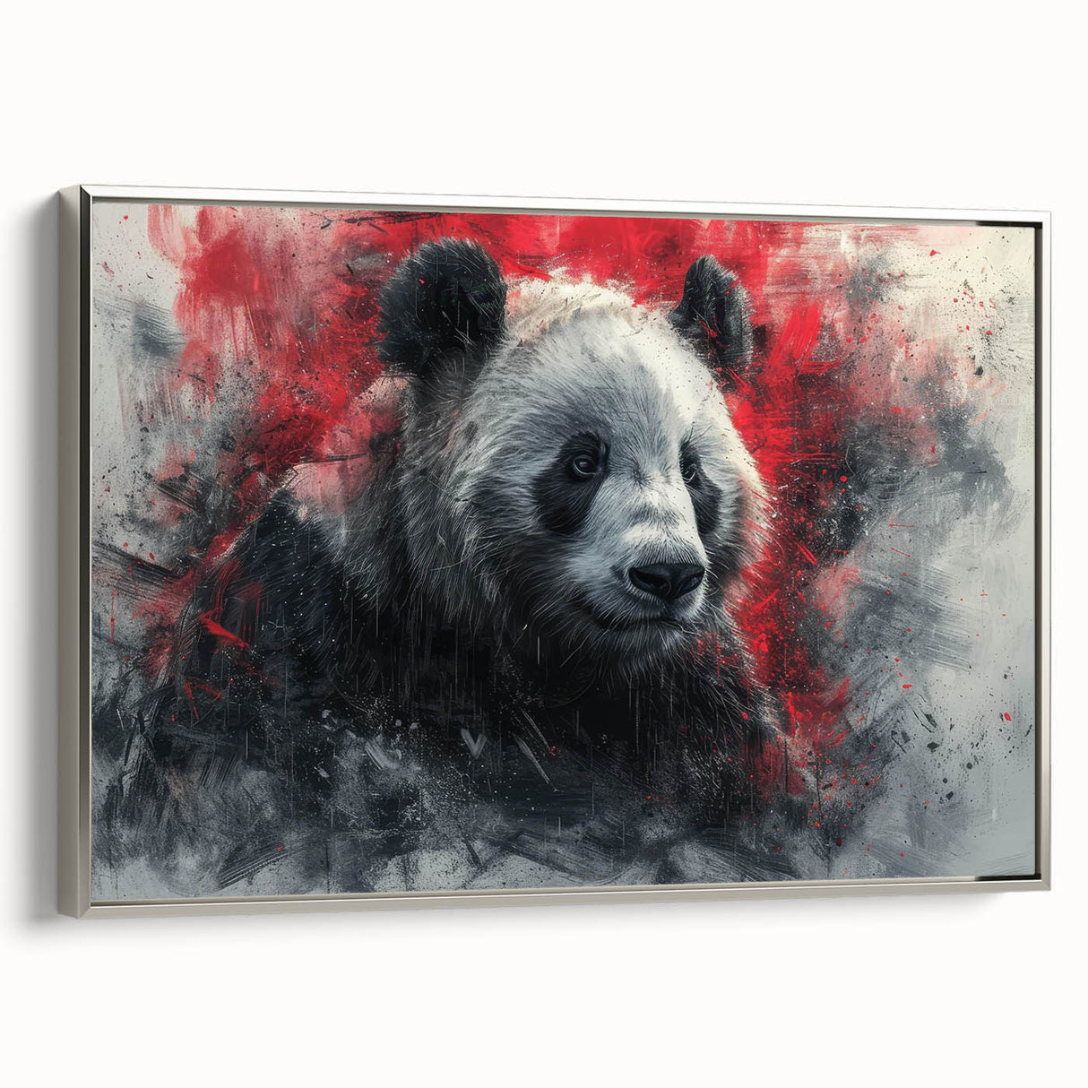Framed wall art featuring a panda bear design on a sleek silver canvas, showcasing vibrant colors and intricate details, ideal for animal lovers' home decor.