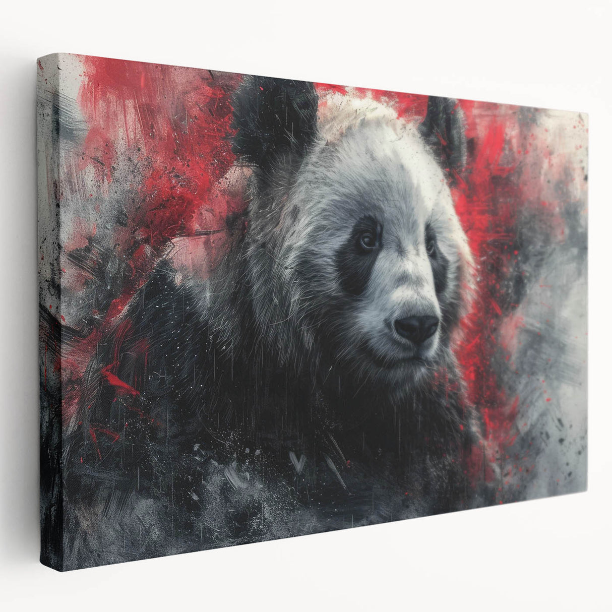 Panda bear design stretched canvas wall art displayed in a side view, showcasing vibrant colors and intricate details, perfect for children's room decor.